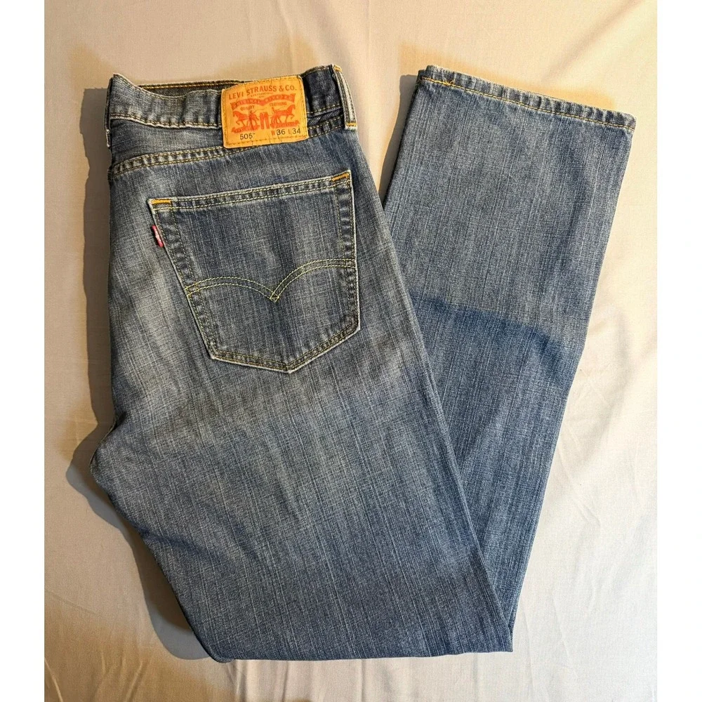 Levis 505 Regular Fit Straight Leg Blue Denim Jeans Mens 36x34 Medium Wash